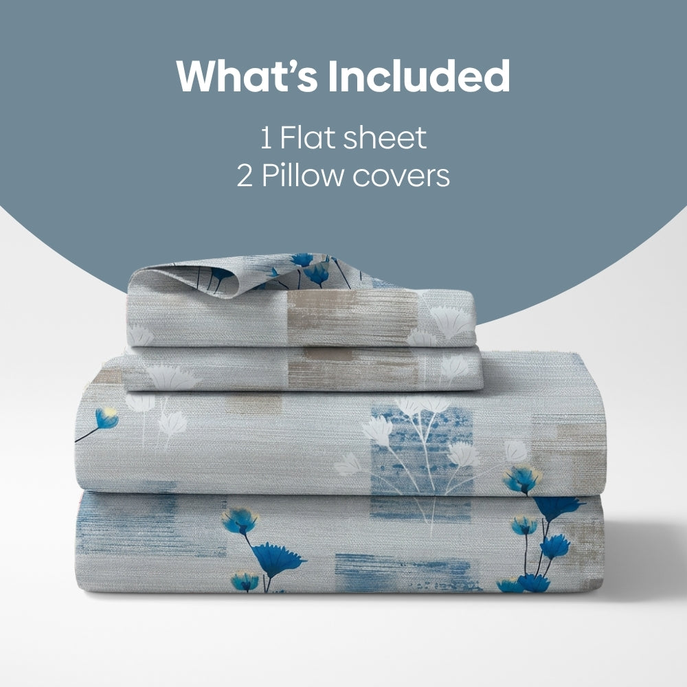 Blue Flower Sketch 100% Cotton Double Bedsheet, 144 TC
