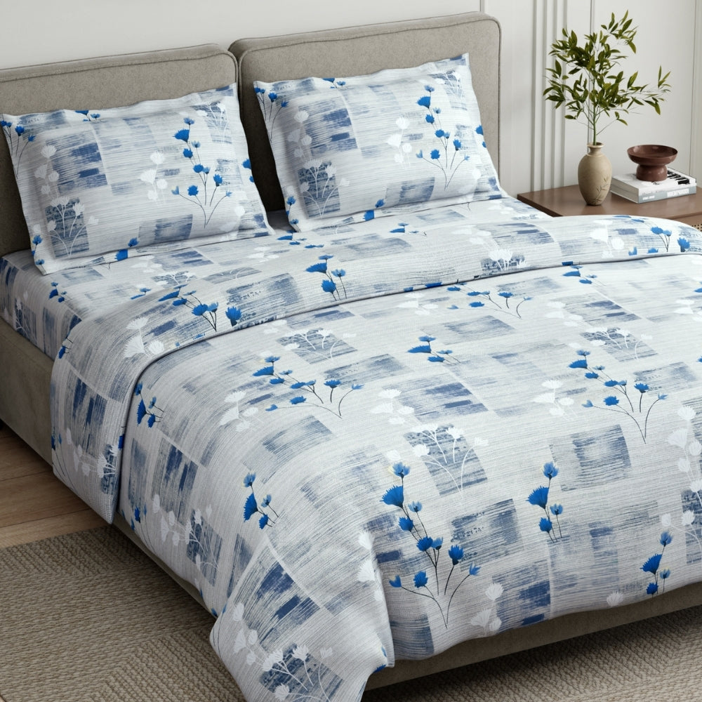 Blue Flower Sketch 100% Cotton King Size Bedsheet, 144 TC