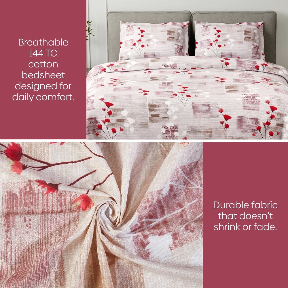 Pink Flower Sketch 100% Cotton King Size Bedsheet, 144 TC