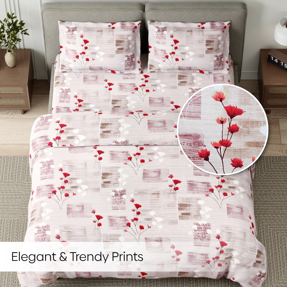 Pink Flower Sketch 100% Cotton King Size Bedsheet, 144 TC