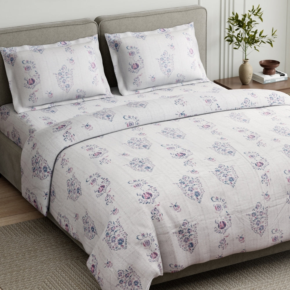Pastel Paisley 100% Cotton King Size Bedsheet, 144 TC, Blue - Pink