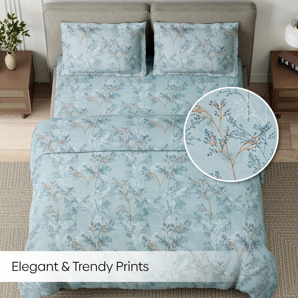 Serene Branch Green 100% Cotton King Size Bedsheet, 144 TC