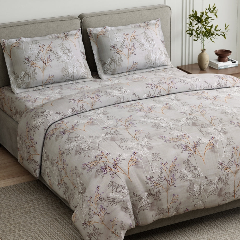 Serene Branch Grey 100% Cotton King Size Bedsheet, 144 TC
