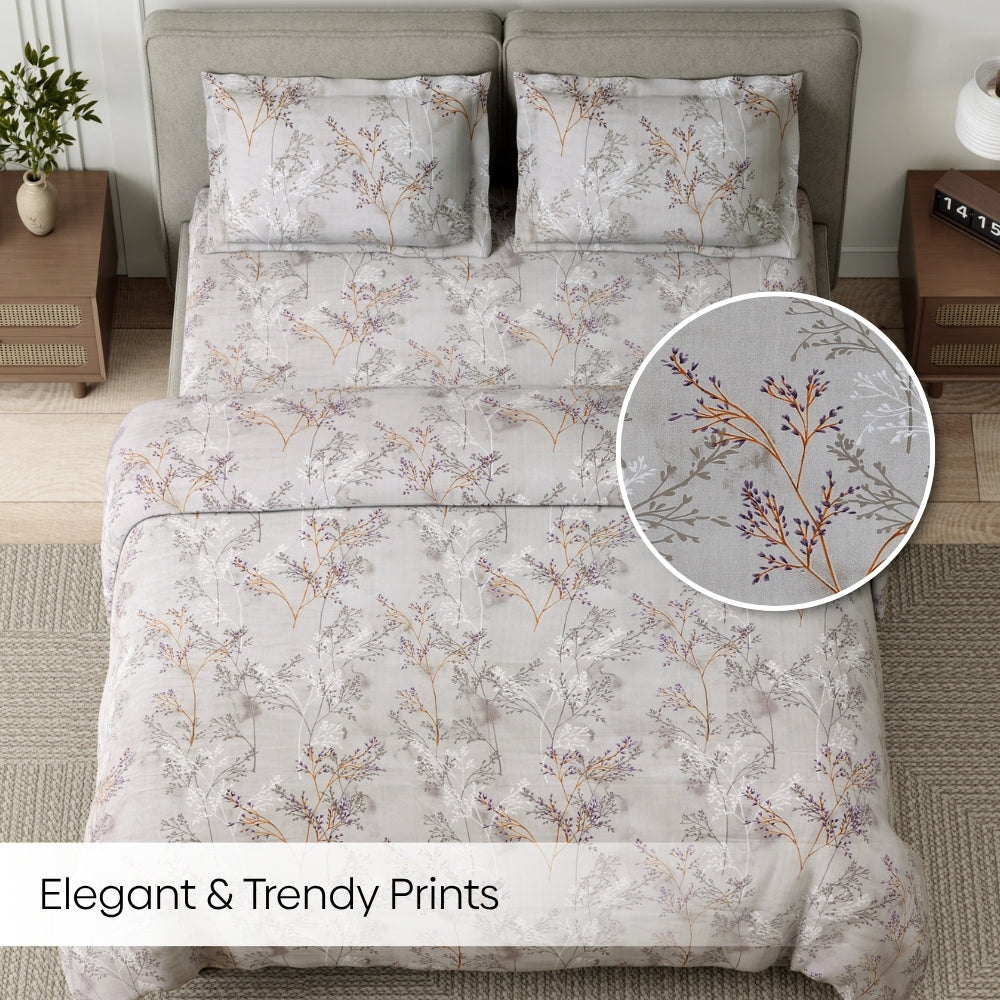Serene Branch Grey 100% Cotton King Size Bedsheet, 144 TC