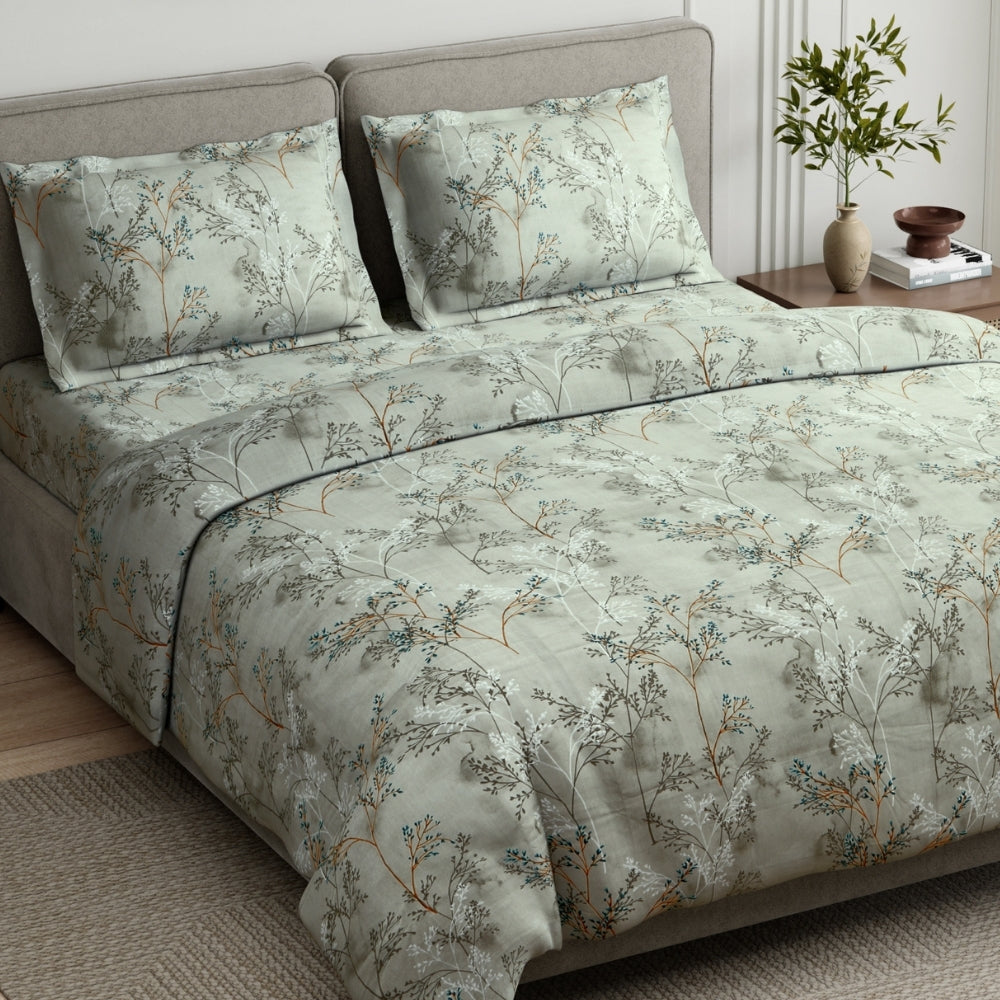 Serene Branch Blue 100% Cotton King Size Bedsheet, 144 TC