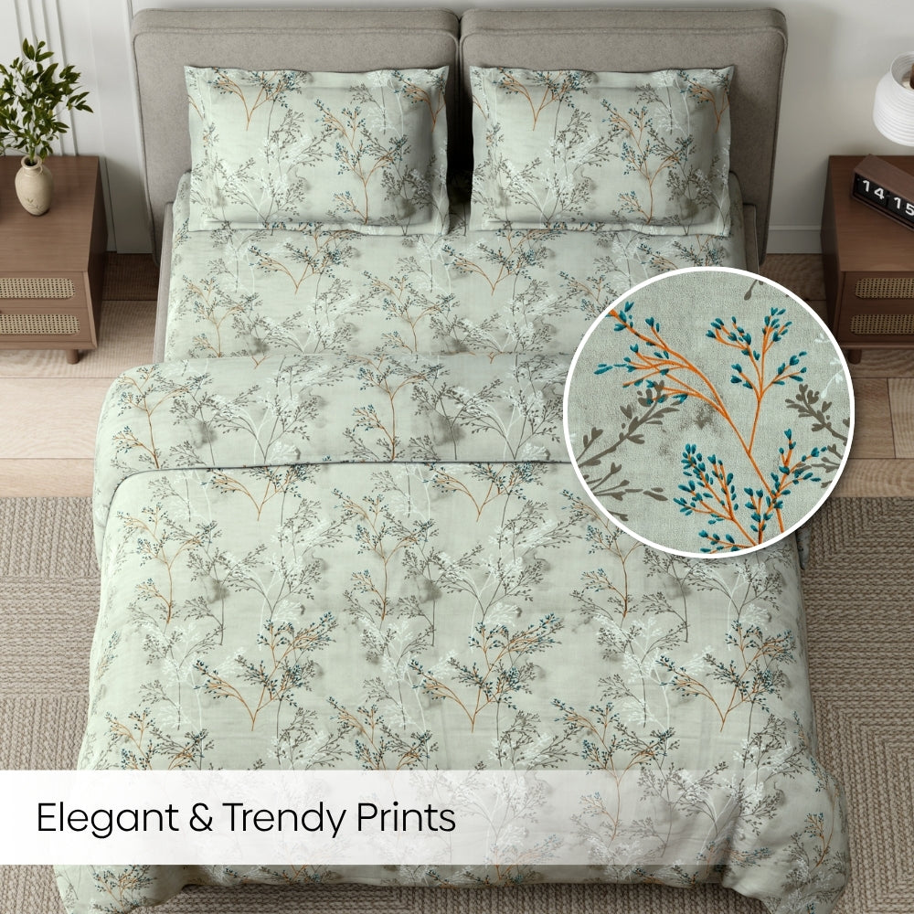 Serene Branch Blue 100% Cotton King Size Bedsheet, 144 TC
