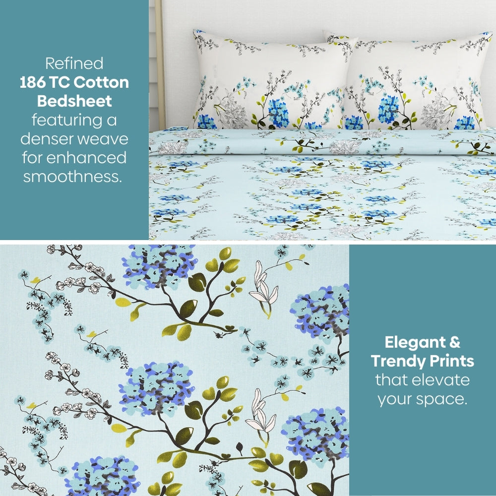 Victorian Summer Dream, 100% Cotton Double Size Bedsheet, 186 TC, Blue