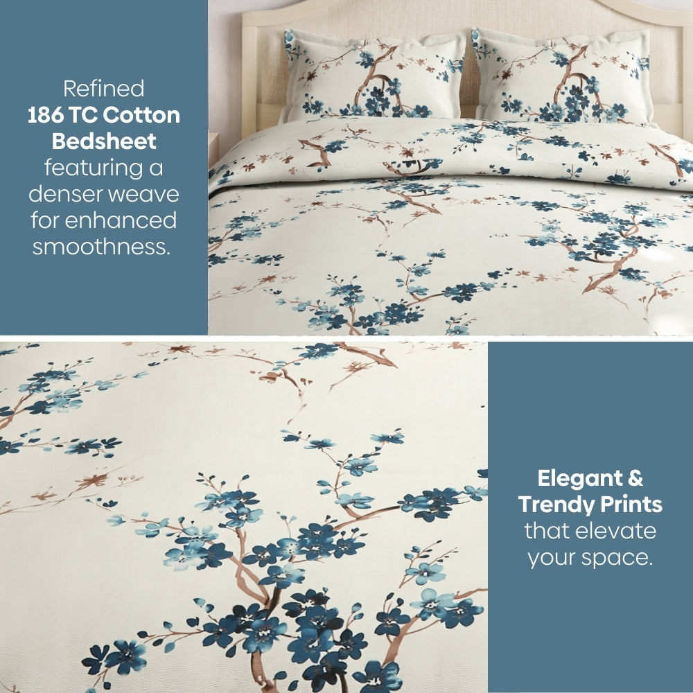 Floral Grace, 100% Cotton Double Size Bedsheet, 186 TC, Blue