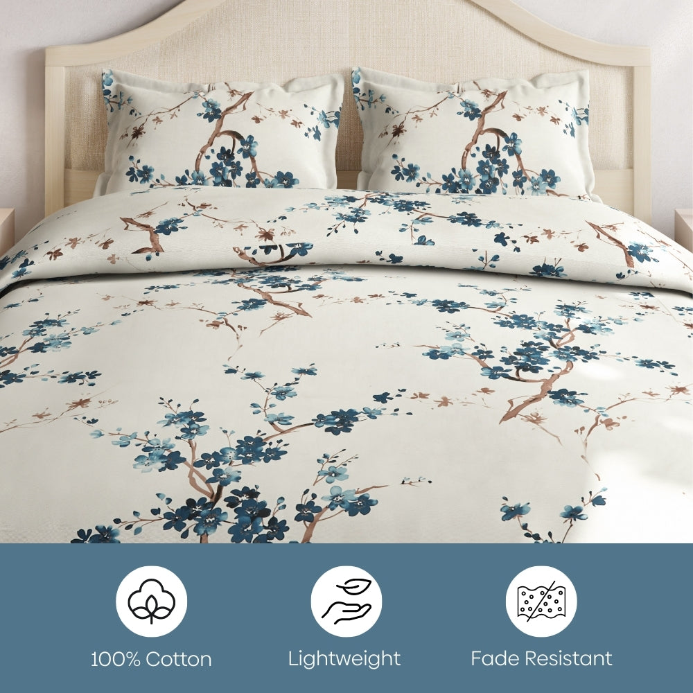 Floral Grace, 100% Cotton Double Size Bedsheet, 186 TC, Blue