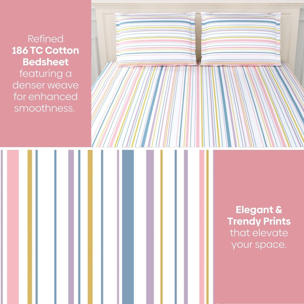 Magical Stripes 100% Cotton King Size Bedsheet, 186 TC, Blue and Yellow - Bedsheets | haus & kinder