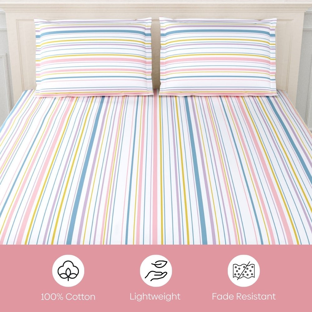 Magical Stripes 100% Cotton King Size Bedsheet, 186 TC, Blue and Yellow - Bedsheets | haus & kinder