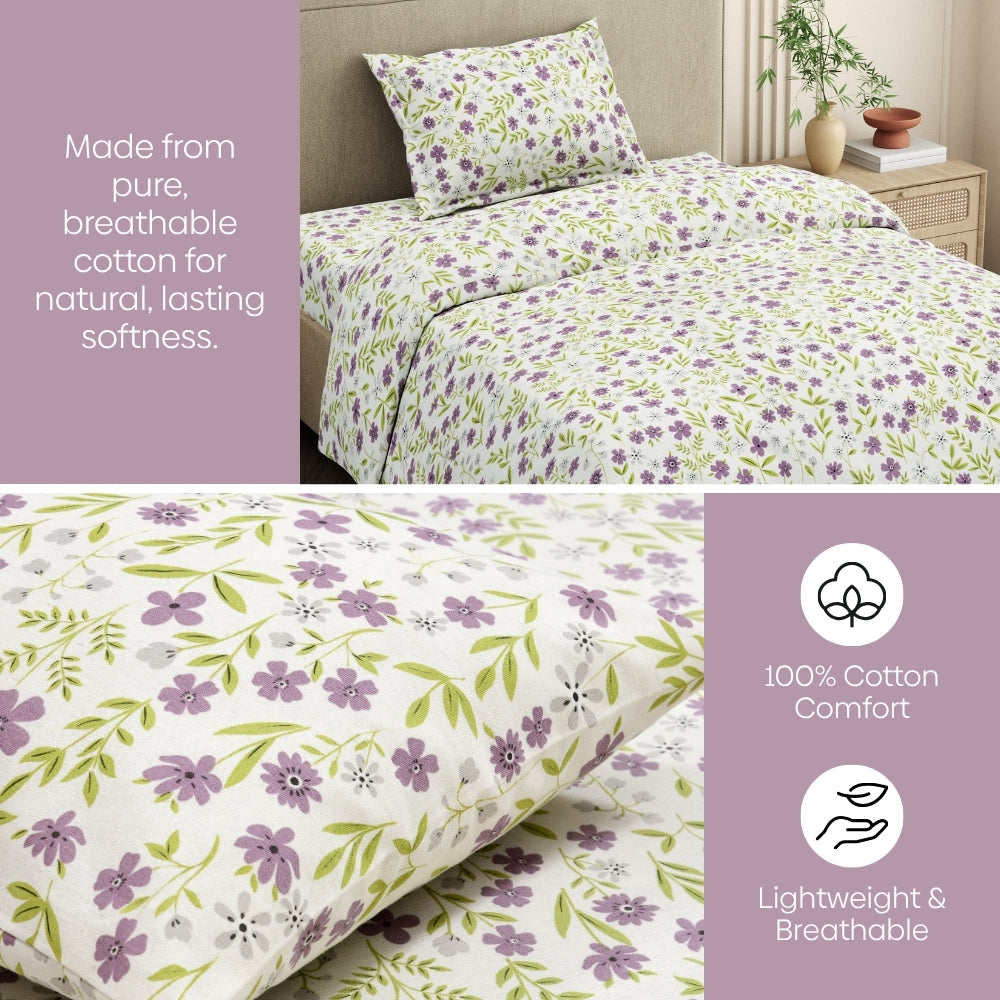 Moonlit Lavender Garden Single Fitted Size Bedsheet, 186 TC