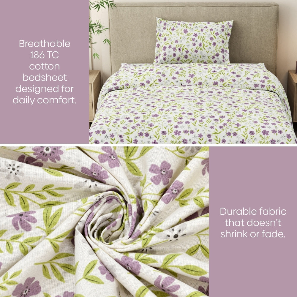 Moonlit Lavender Garden Single Fitted Size Bedsheet, 186 TC