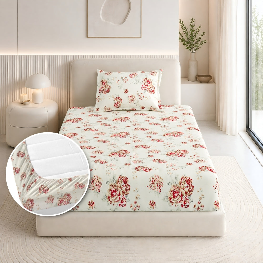 English Rose Reverie Single Fitted Size Bedsheet, 186 TC