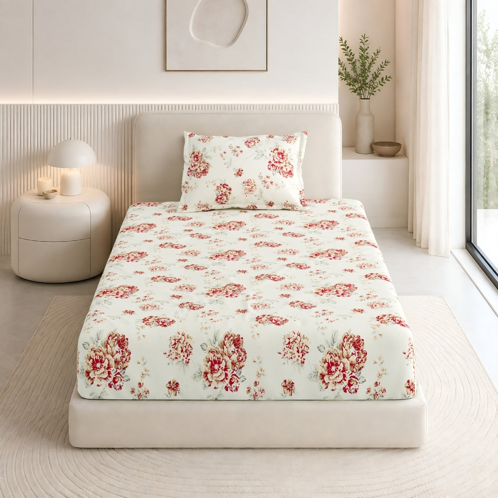 English Rose Reverie Single Fitted Size Bedsheet, 186 TC