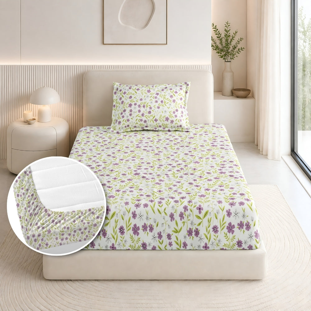 Moonlit Lavender Garden Single Fitted Size Bedsheet, 186 TC