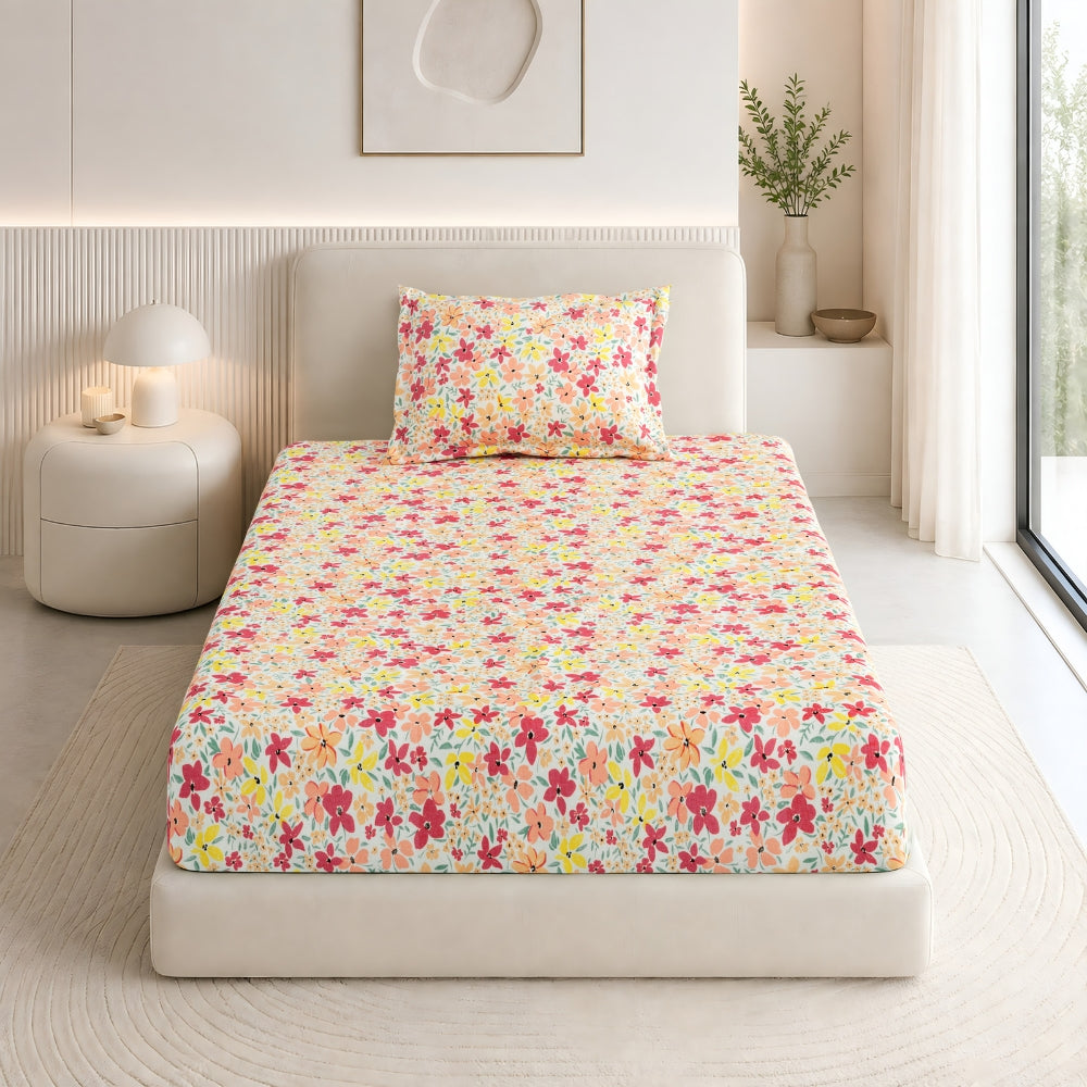 Sunlit Blossom Meadow Single Fitted Size Bedsheet, 186 TC