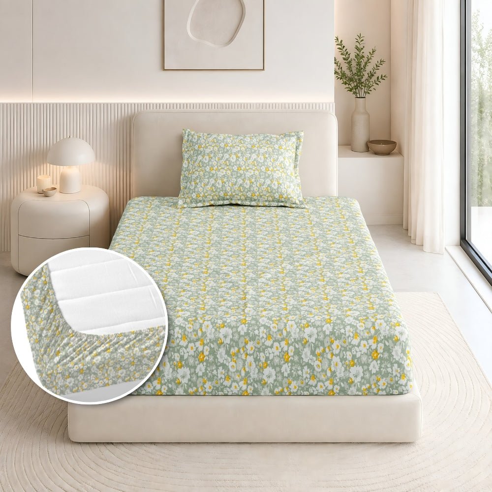 Silver Meadow Bloom Single Fitted Size Bedsheet, 186 TC