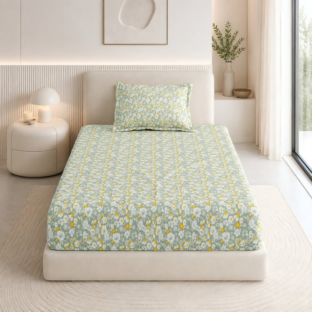 Silver Meadow Bloom Single Fitted Size Bedsheet, 186 TC