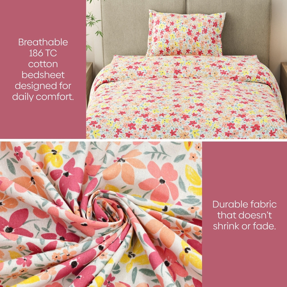 Sunlit Blossom Meadow Single Fitted Size Bedsheet, 186 TC