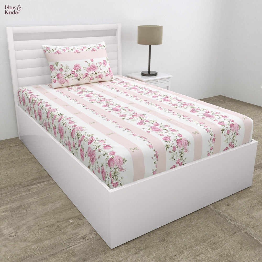 Florence Single Bed Sheet Set of 4, Ivory & Pink
