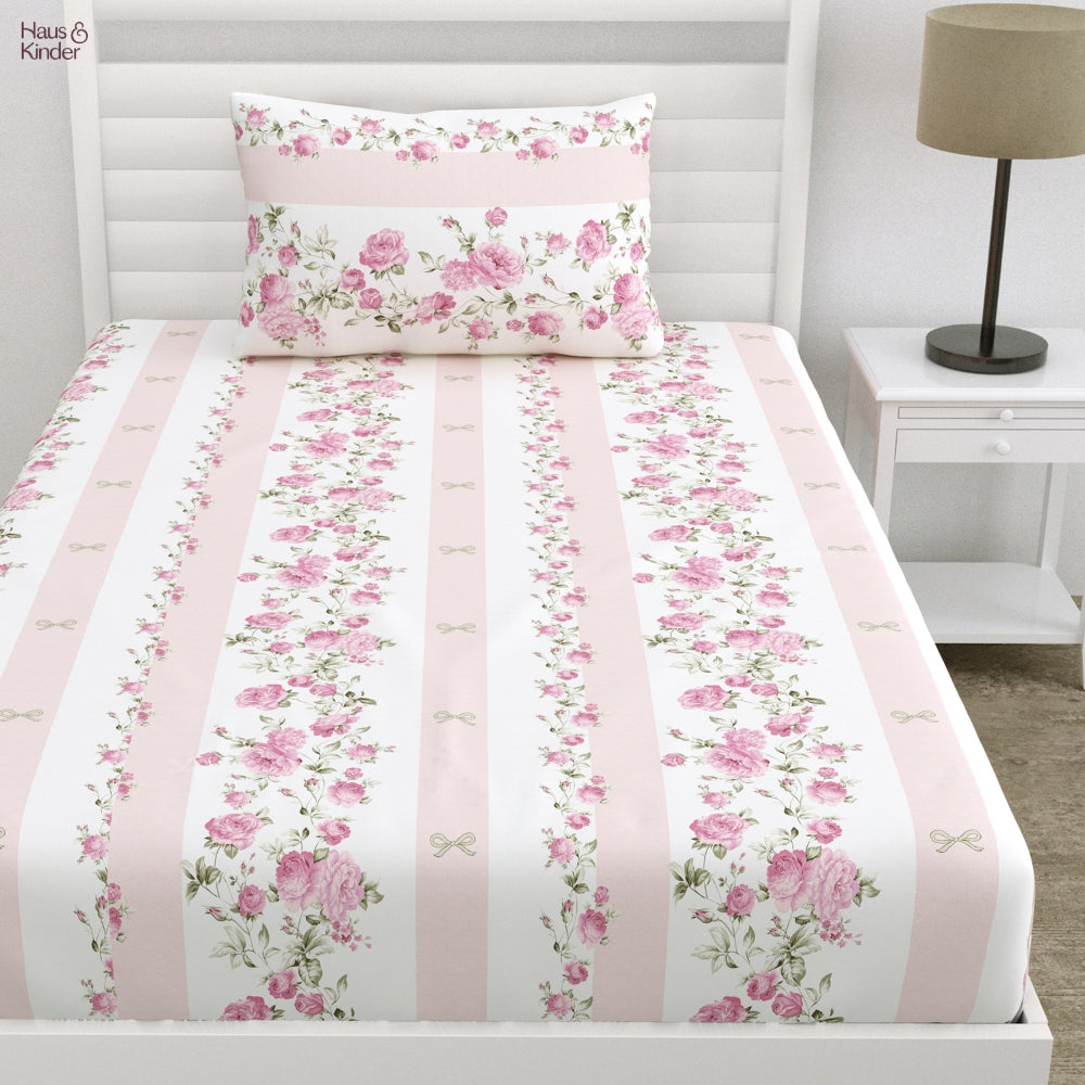 Florence Single Bed Sheet Set of 4, Ivory & Pink