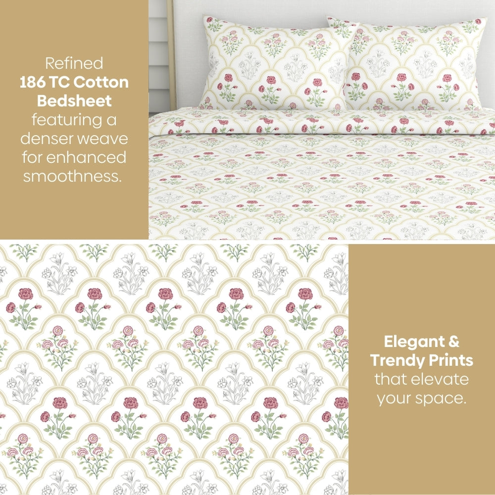 Rose Serenity, 100% Cotton King Size Bedsheet, 186 TC