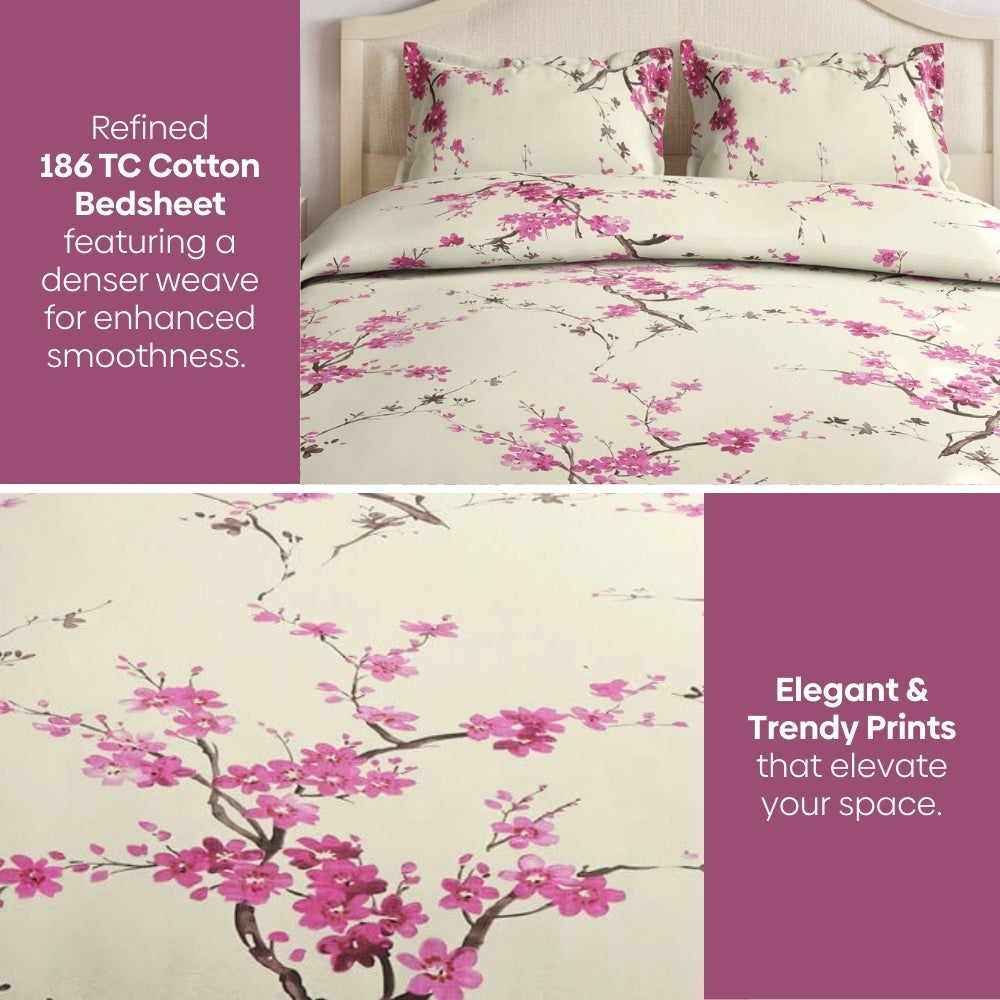 Floral Grace 100% Cotton Double Size Bedsheet, 186 TC, Eleganza Pink