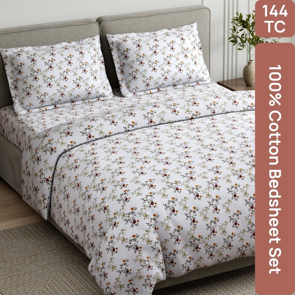 Secret Garden 100% Cotton Double Flat Bedsheet, 144 TC