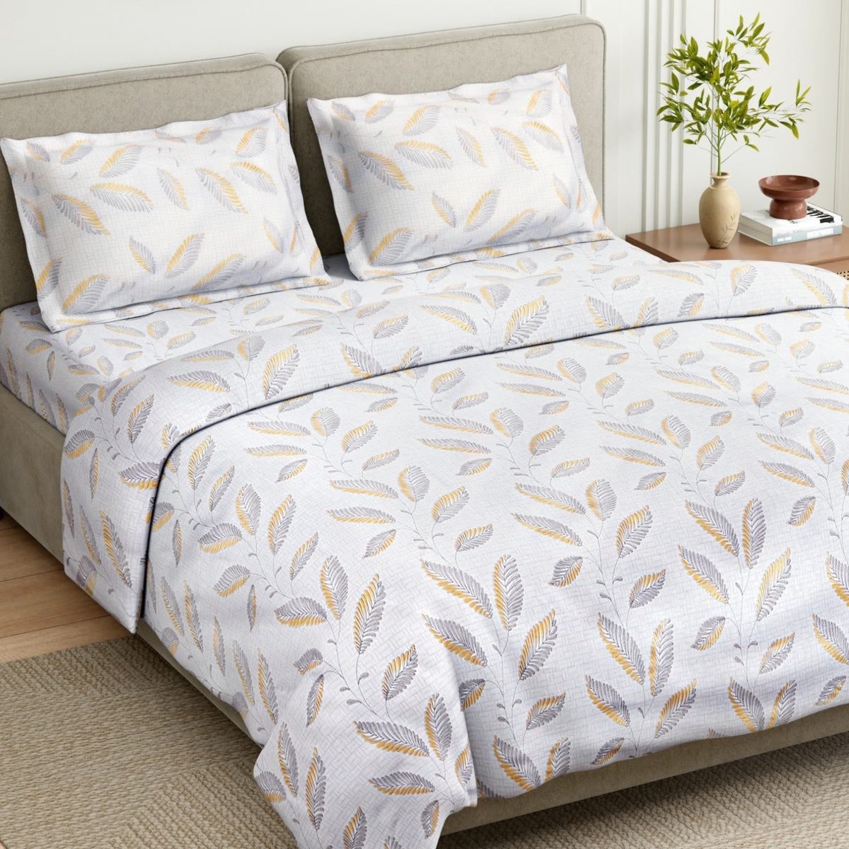 African Leaves 100% Cotton Double Flat Bedsheet, Beige & Yellow - 186TC - Bedsheets | haus & kinder