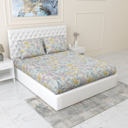 100% Combed Cotton 144 TC Double Fitted Bedsheet Lily Drift