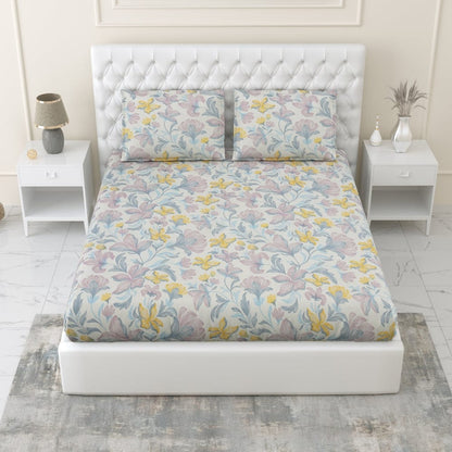 100% Combed Cotton 144 TC Double Fitted Bedsheet Lily Drift