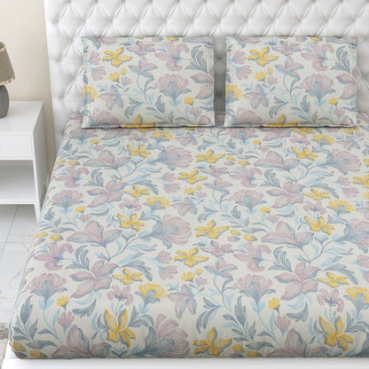 100% Combed Cotton 144 TC Double Fitted Bedsheet Lily Drift