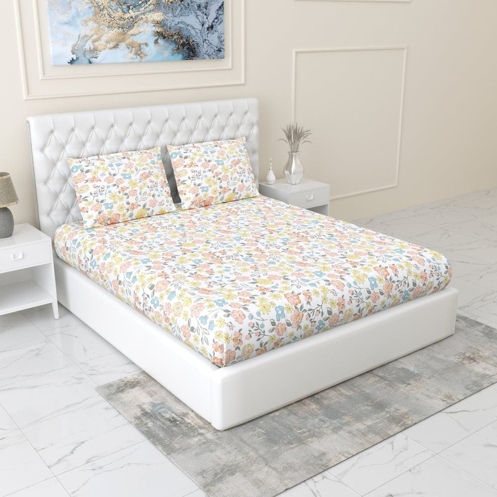 Island Bloom 100% Cotton King Fitted Bedsheet, 144 TC
