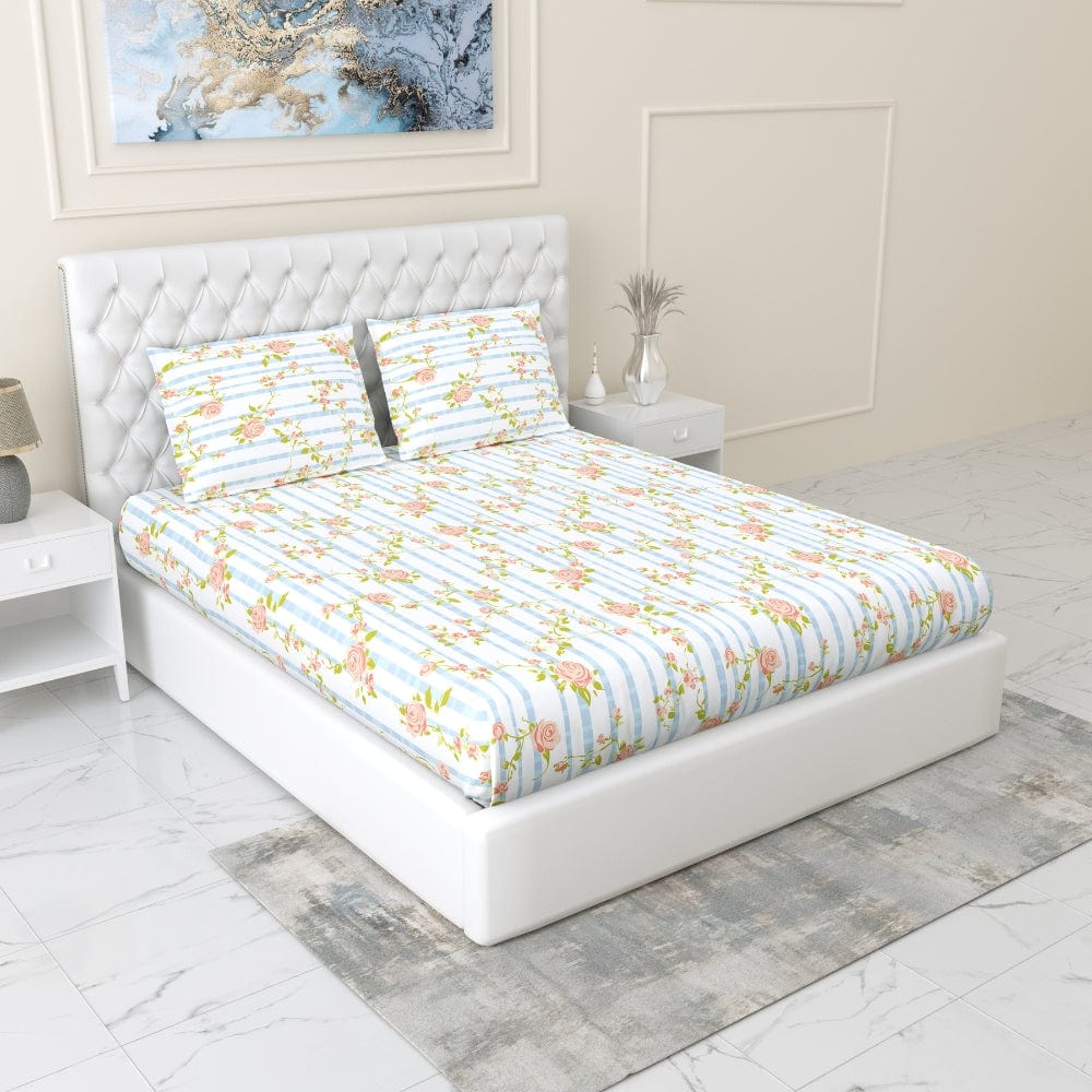 Rosaline Stripes 100% Cotton King Fitted Bedsheet, 144 TC
