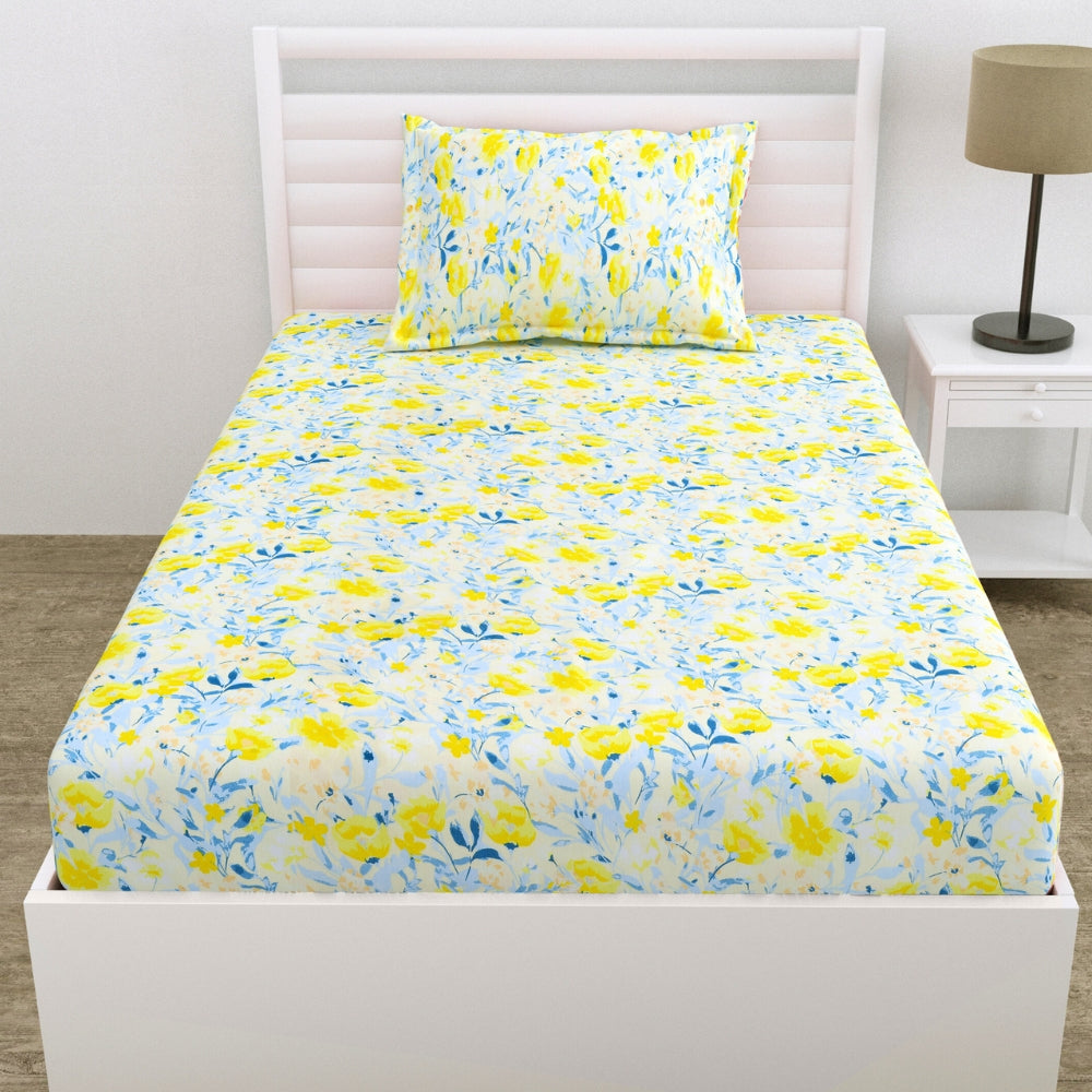 100% Cotton Single Fitted 186 TC Bedsheet, Floravue, Multicolor