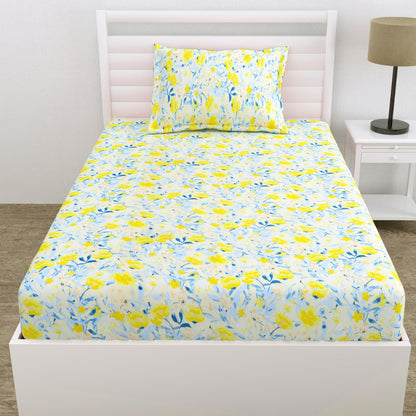 100% Cotton Single Fitted 186 TC Bedsheet, Floravue, Multicolor