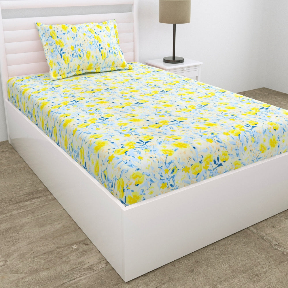 100% Cotton Single Fitted 186 TC Bedsheet, Floravue, Multicolor