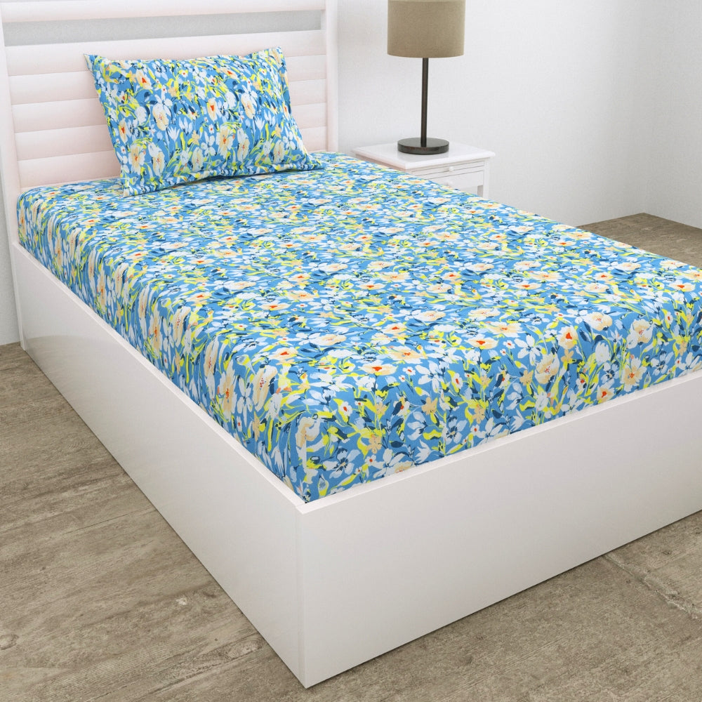 100% Cotton Single Fitted 186 TC Bedsheet, Everbelle, Blue