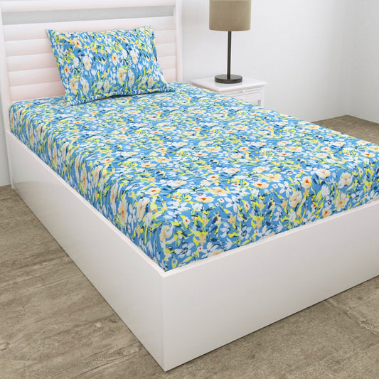 100% Cotton Single Fitted 186 TC Bedsheet, Everbelle, Blue