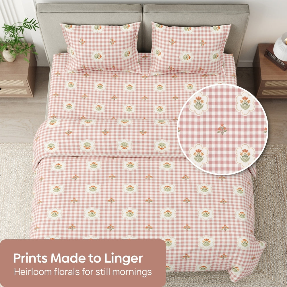 Floral Gingham 100% Cotton Double Size Bedsheet, 186TC
