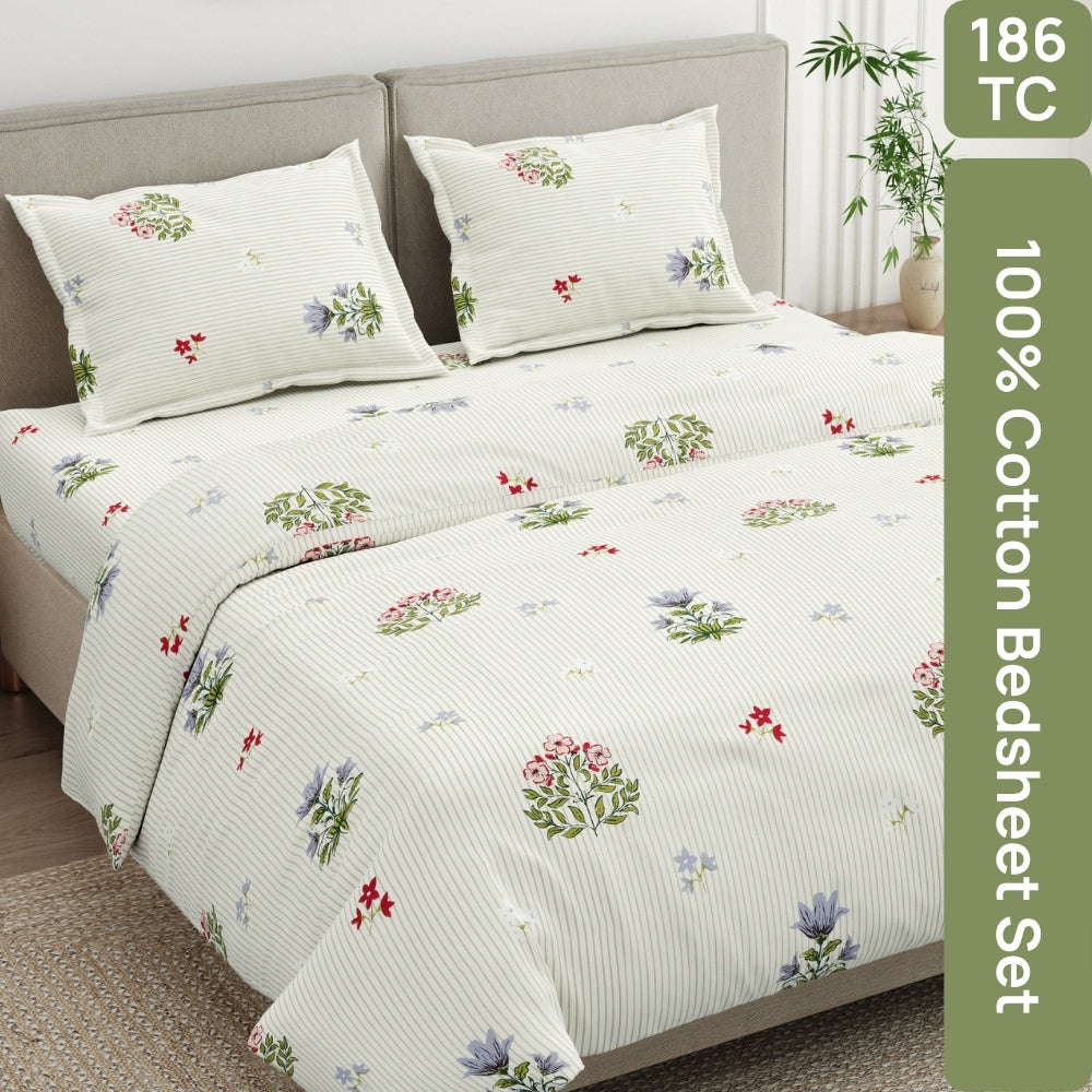 Floral Indienne 100% Cotton Double Size Bedsheet, 186TC