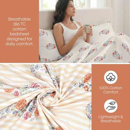 Floral Reverie Combed Cotton King Bedsheet, 186 TC