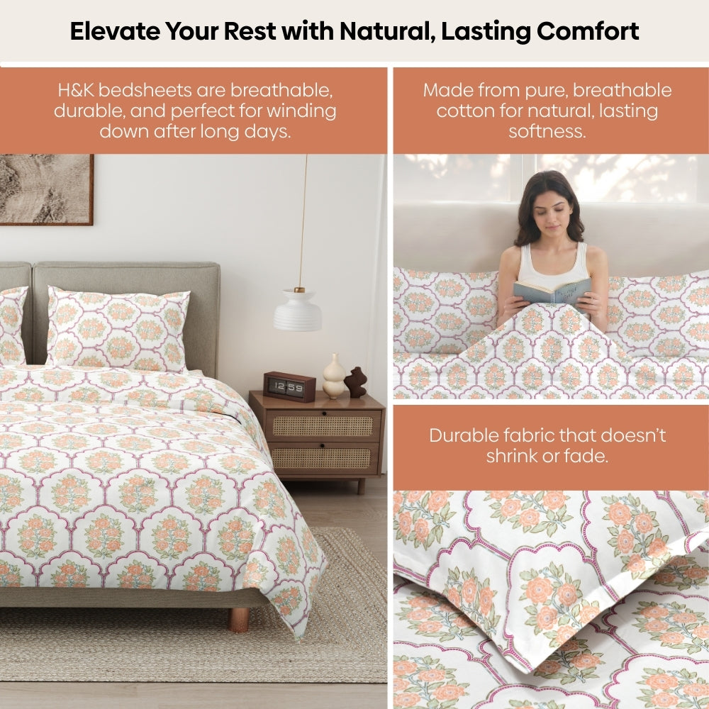 Heritage Blossom Combed Cotton King Bedsheet, 186 TC