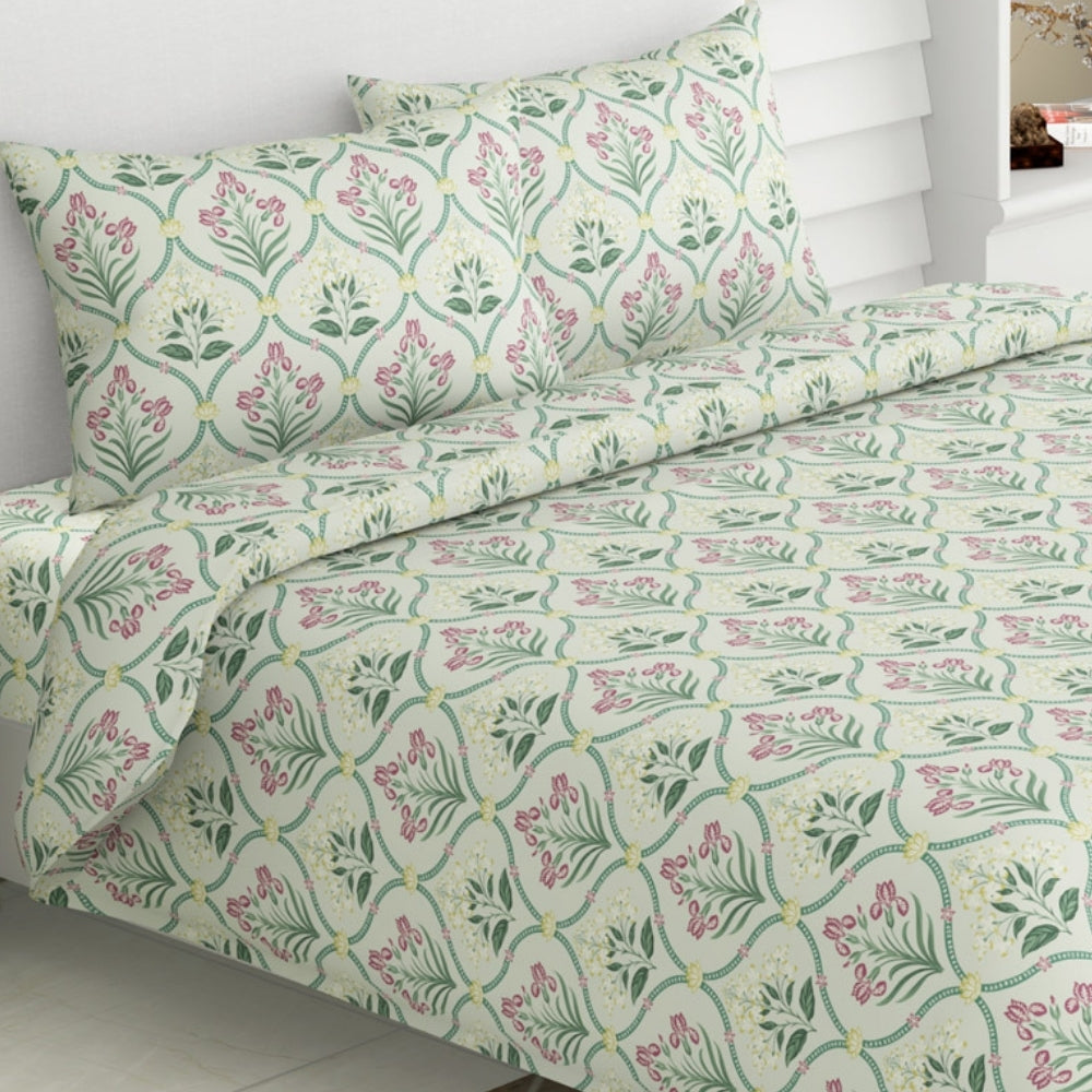 Green Blossom, 100% Cotton Double Size Bedsheet, 186 TC