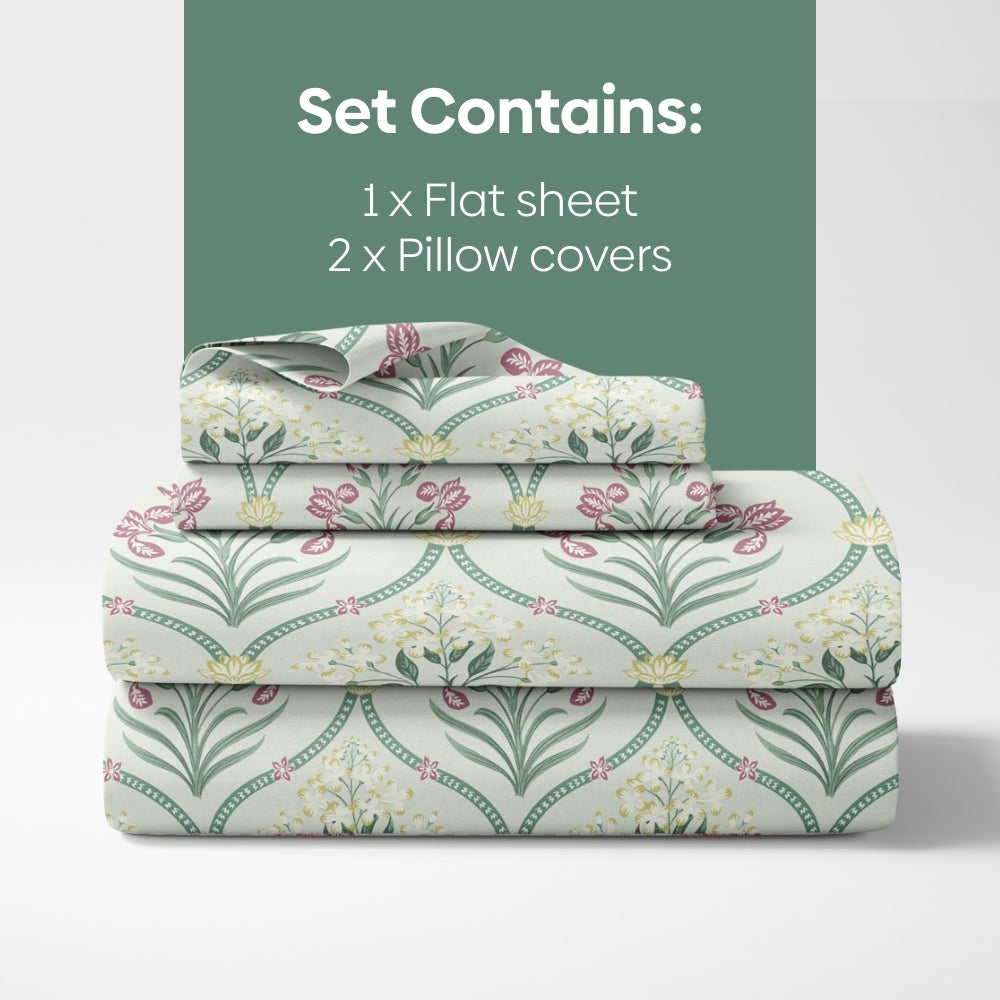 Green Blossom, 100% Cotton Double Size Bedsheet, 186 TC