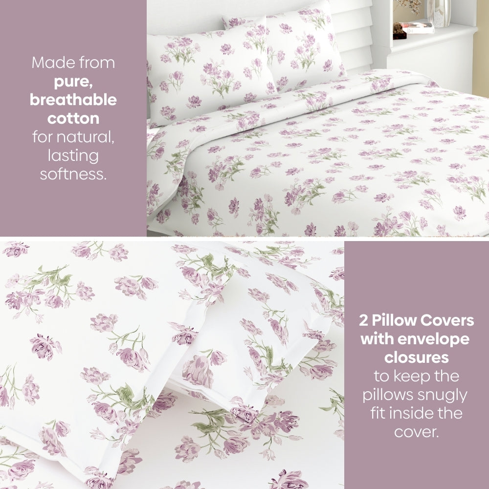 Lilac Dream 100% Cotton Double Bedsheet, 186TC