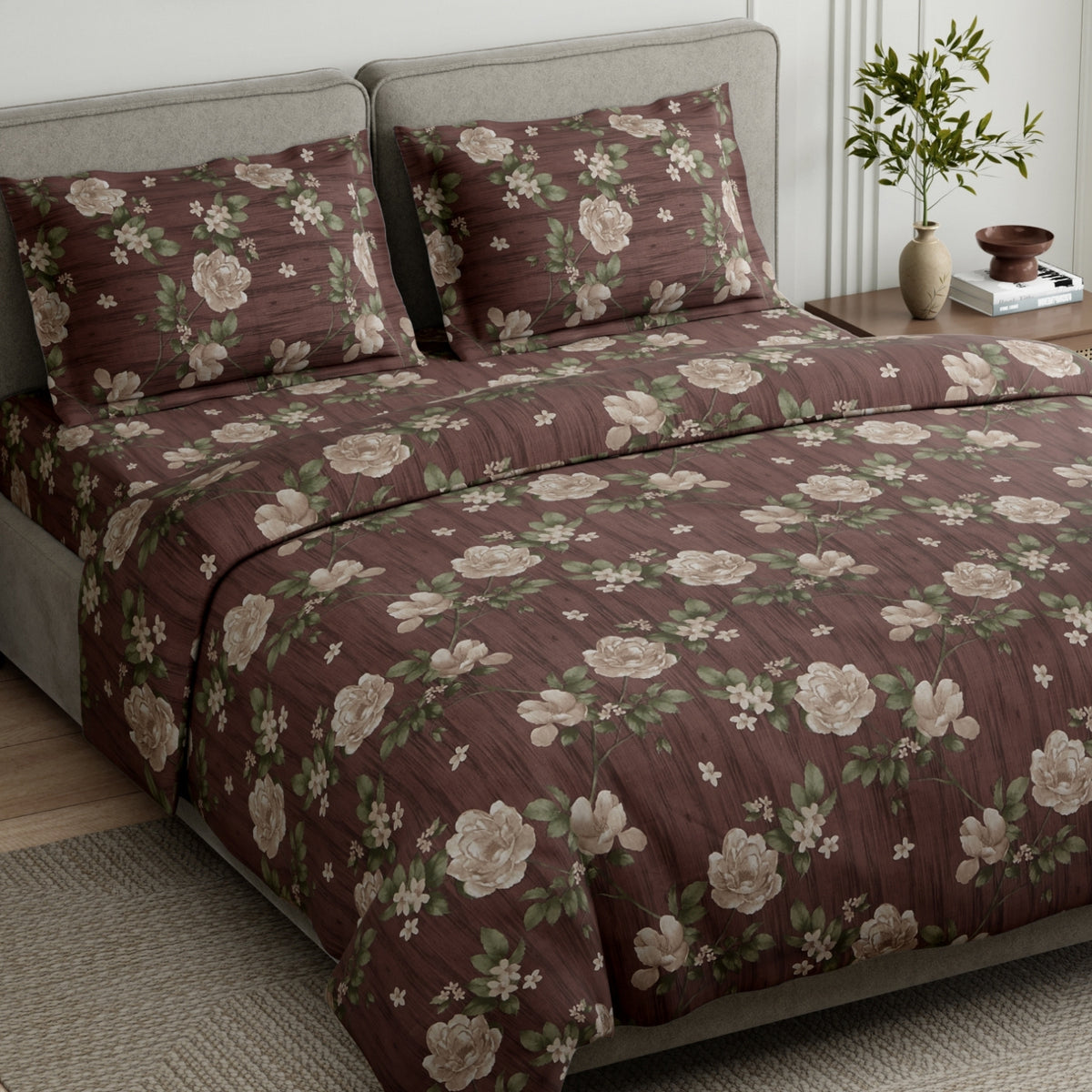 Rose Cascade 100% Cotton Double Flat Bedsheet,Mauve - 144 TC - Bedsheets | haus & kinder
