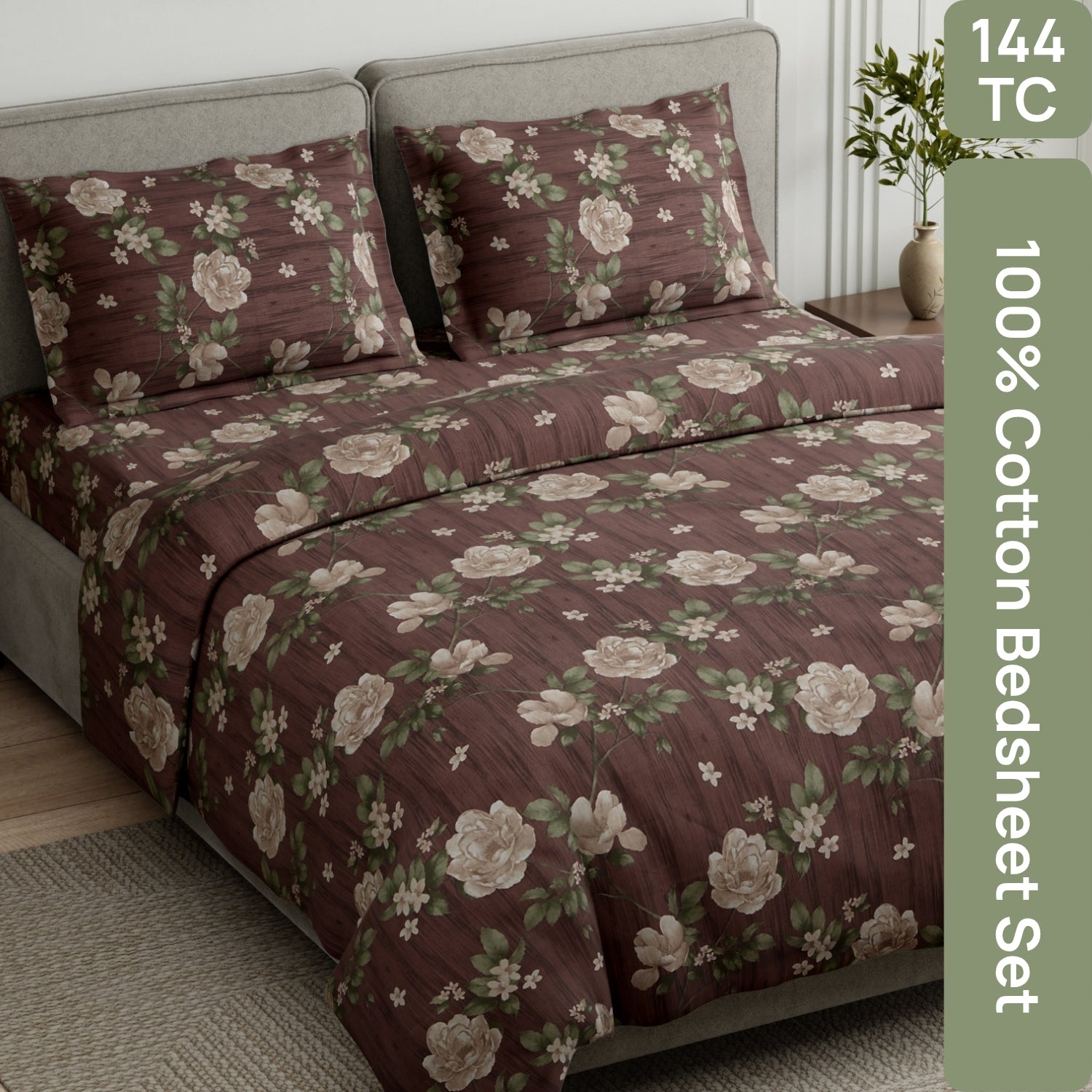 Rose Cascade 100% Cotton Double Flat Bedsheet,Mauve - 144 TC - Bedsheets | haus & kinder