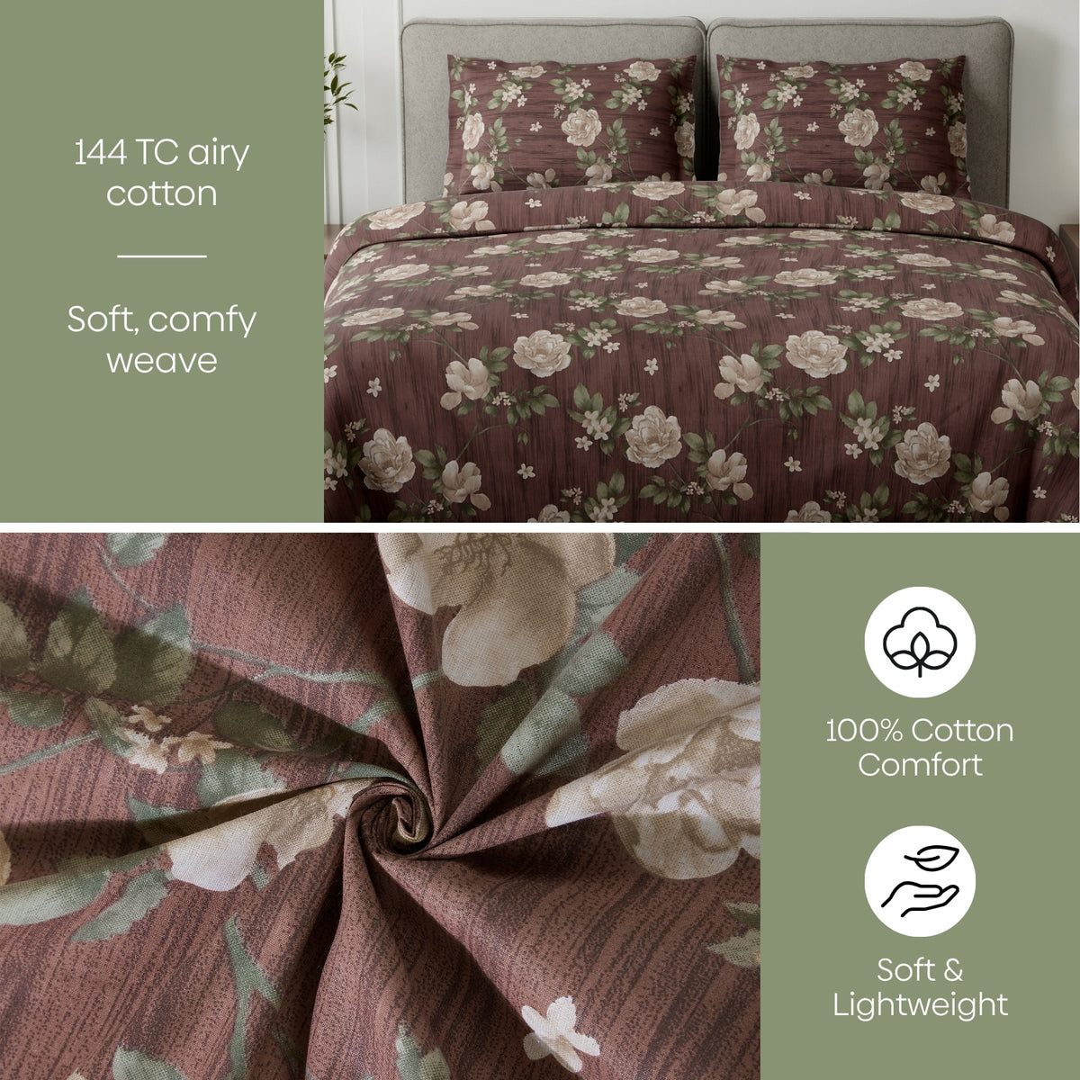 Rose Cascade 100% Cotton Double Flat Bedsheet,Mauve - 144 TC - Bedsheets | haus & kinder